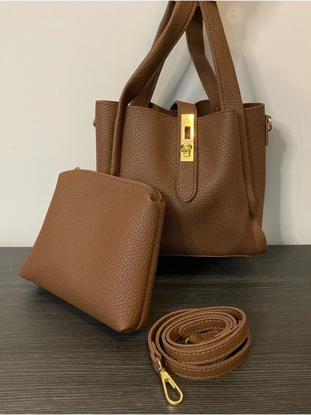 Pebbled Crossbody Tote with Pouch and Strap - Brown